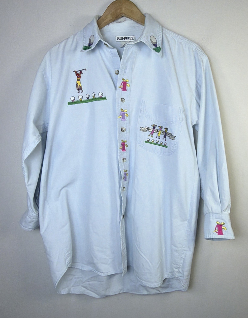 vintage Sun Belt womens blue Denim Shirt golf Embroidery medium county club